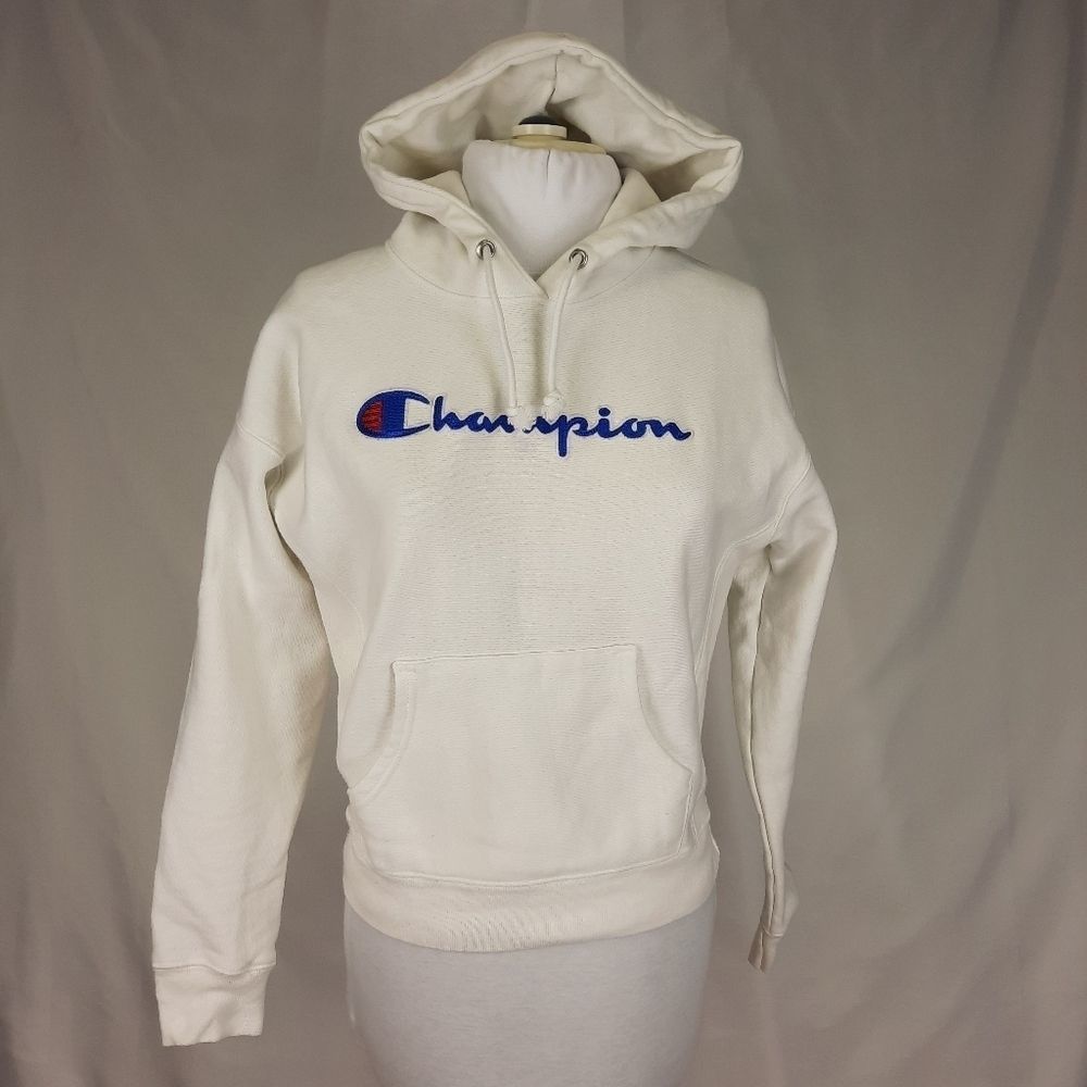 Champion Vintage white reverse weave hooded sweatshirt hoodie script logo small